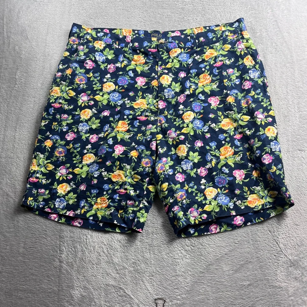 Polo Ralph Lauren Mens Floral Linen Cotton Shorts Navy Blue Size 35 Flower Print
